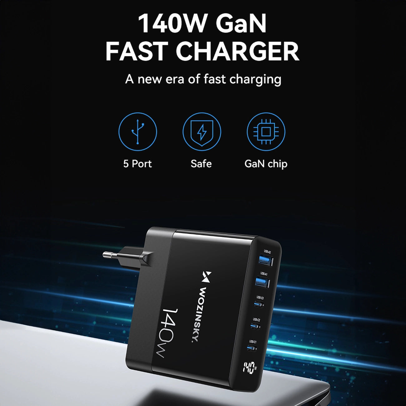 Wozinsky CGWCB 140W GaN wall charger 3 x USB-C / 2 x USB-A - black_4