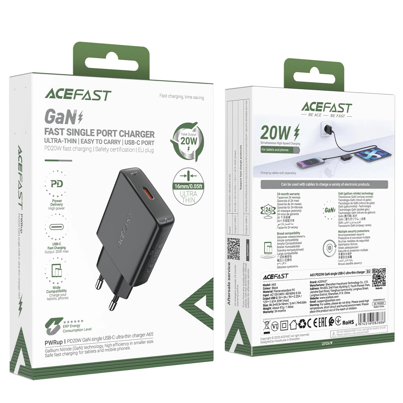Acefast A65 PD 20W GaN USB-C Ultra Slim Wall Charger - Black_6