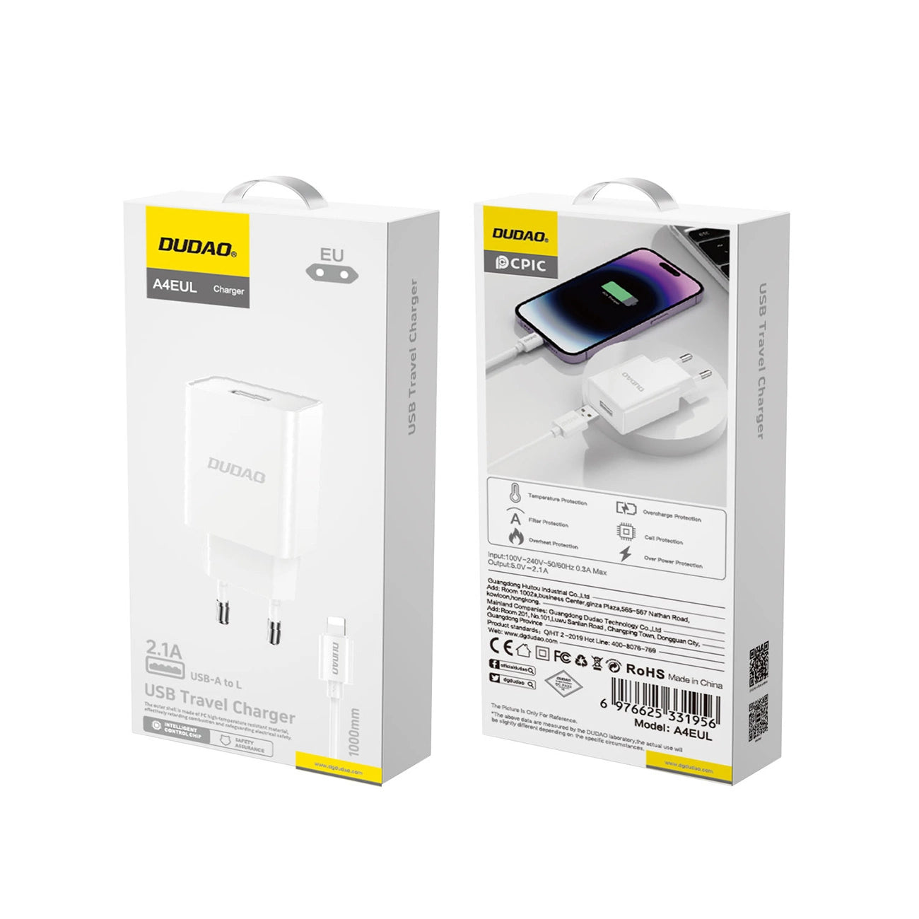Dudao A4EU USB-A 2.1A wall charger - white + USB-A - Lightning cable_2