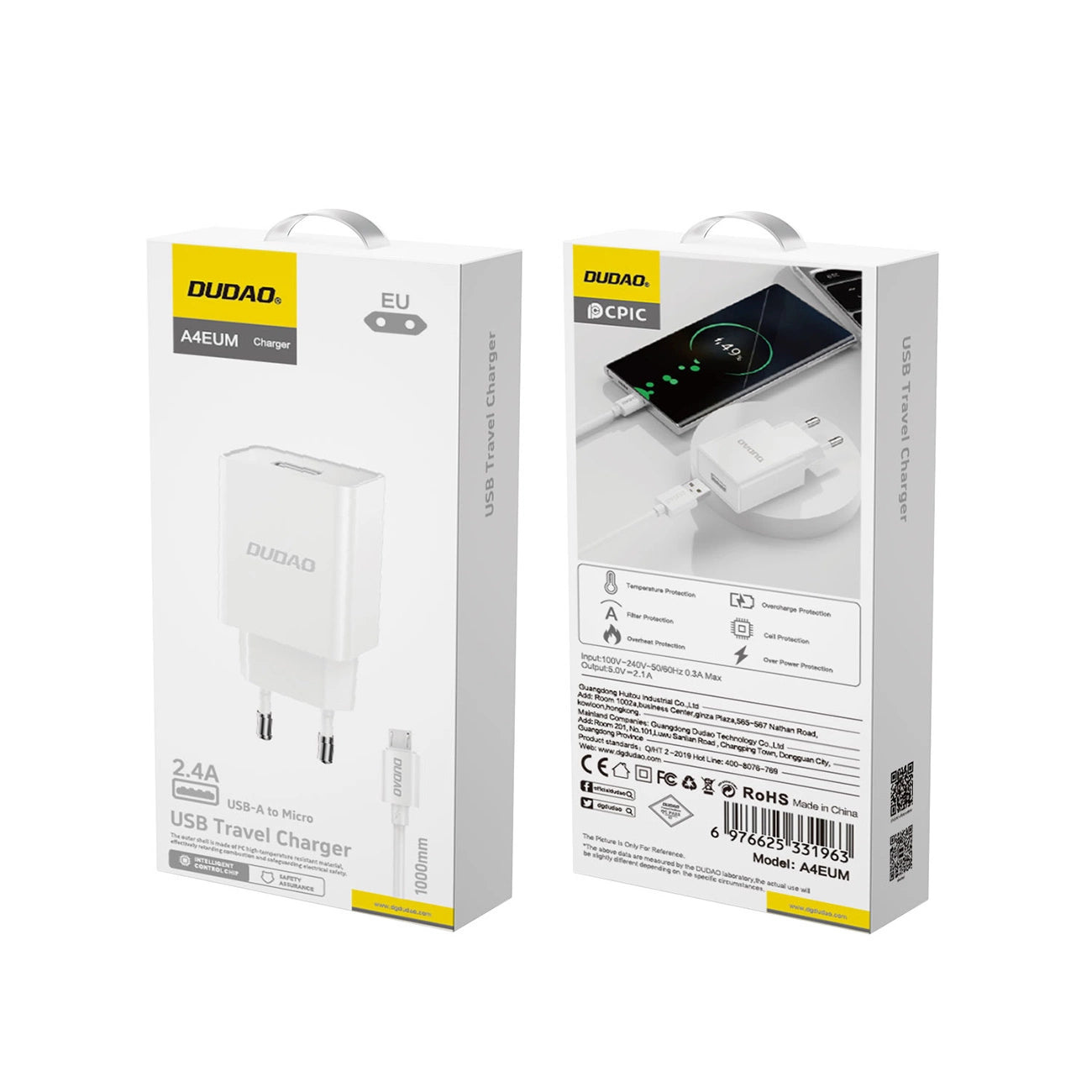 Dudao A4EU USB-A 2.1A wall charger - white + USB-A - micro USB cable_2