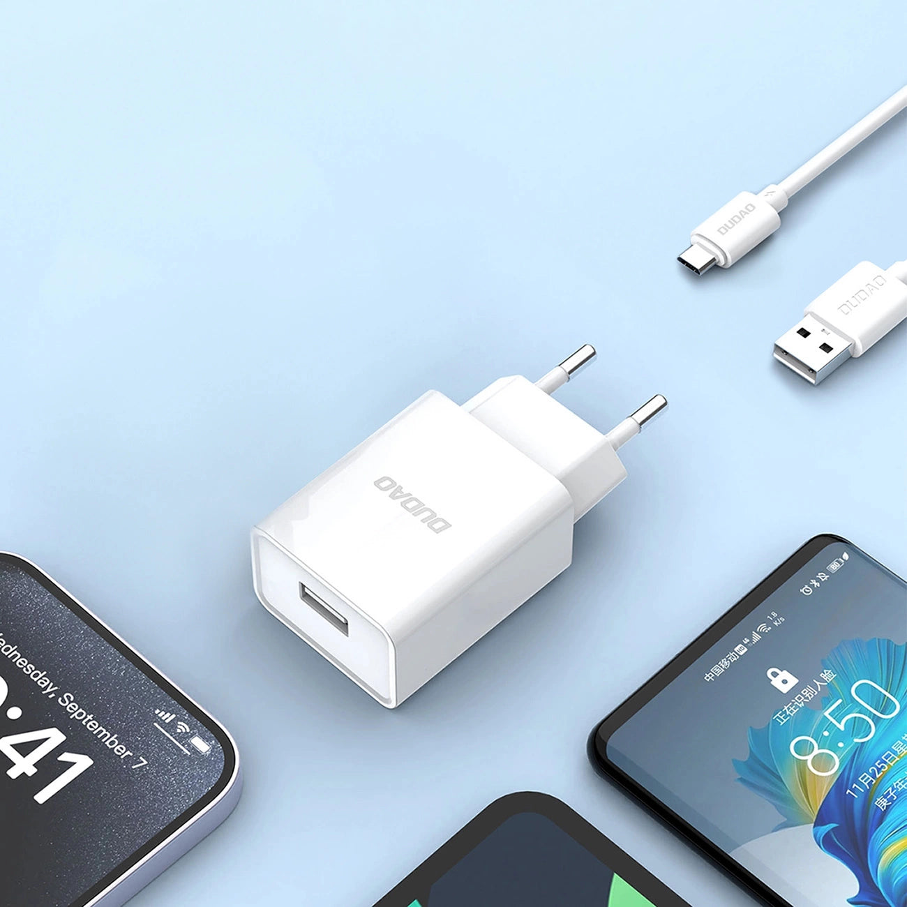 Dudao A4EU USB-A 2.1A wall charger - white + USB-A - micro USB cable_8