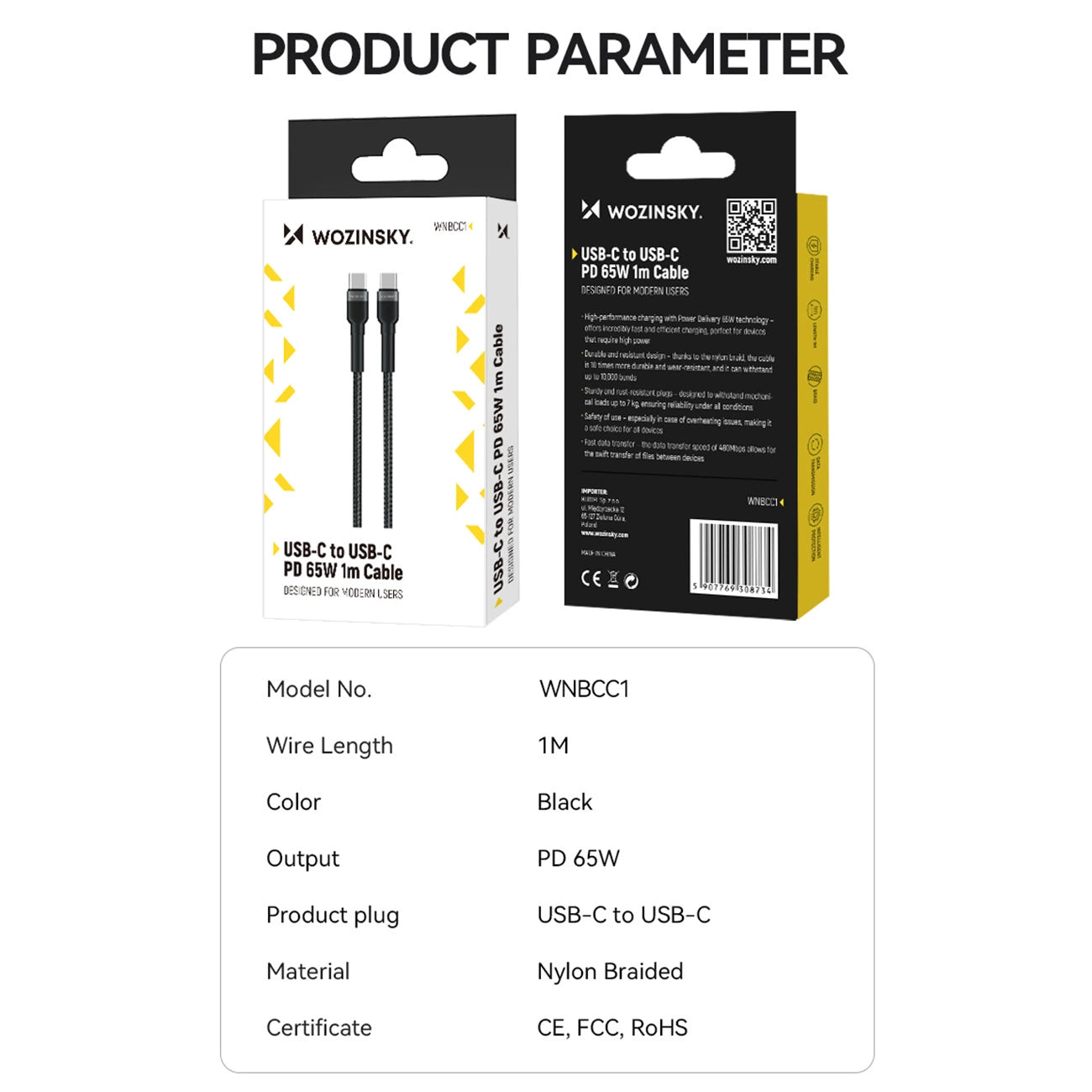 Wozinsky WNBCC1 USB-C / USB-C PD 65W cable 1 m - black_4