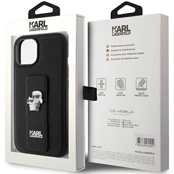 Karl Lagerfeld Gripstand Saffiano Karl&Choupette Pins case for iPhone 15 - black_7