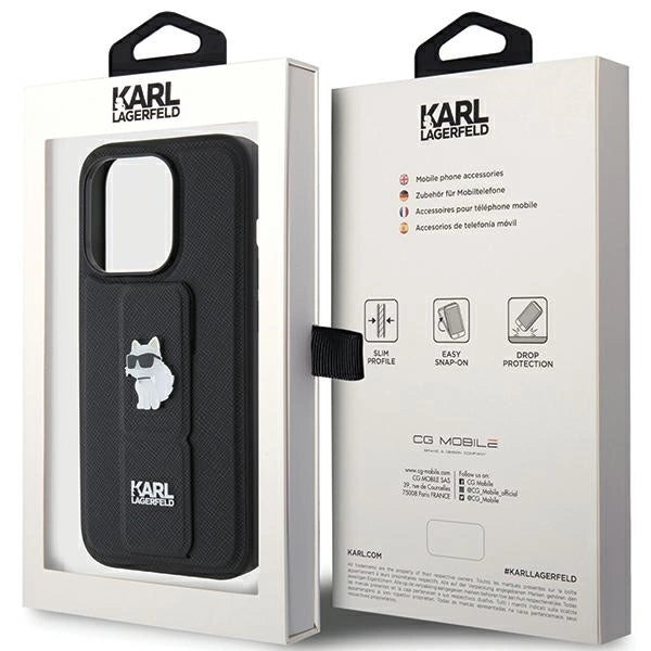 Karl Lagerfeld Gripstand Saffiano Choupette Pins case for iPhone 15 Pro Max - black_8