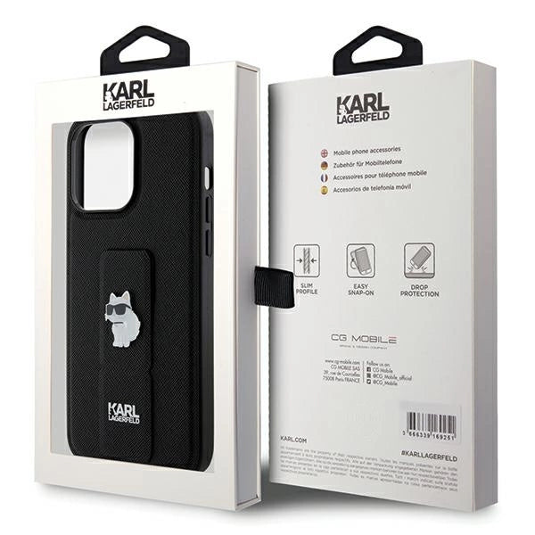 Karl Lagerfeld Gripstand Saffiano Choupette Pins Case for iPhone 13 Pro / 13 - Black_7