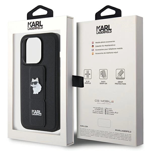 Karl Lagerfeld Gripstand Saffiano Choupette Pins case for iPhone 14 Pro Max - black_8