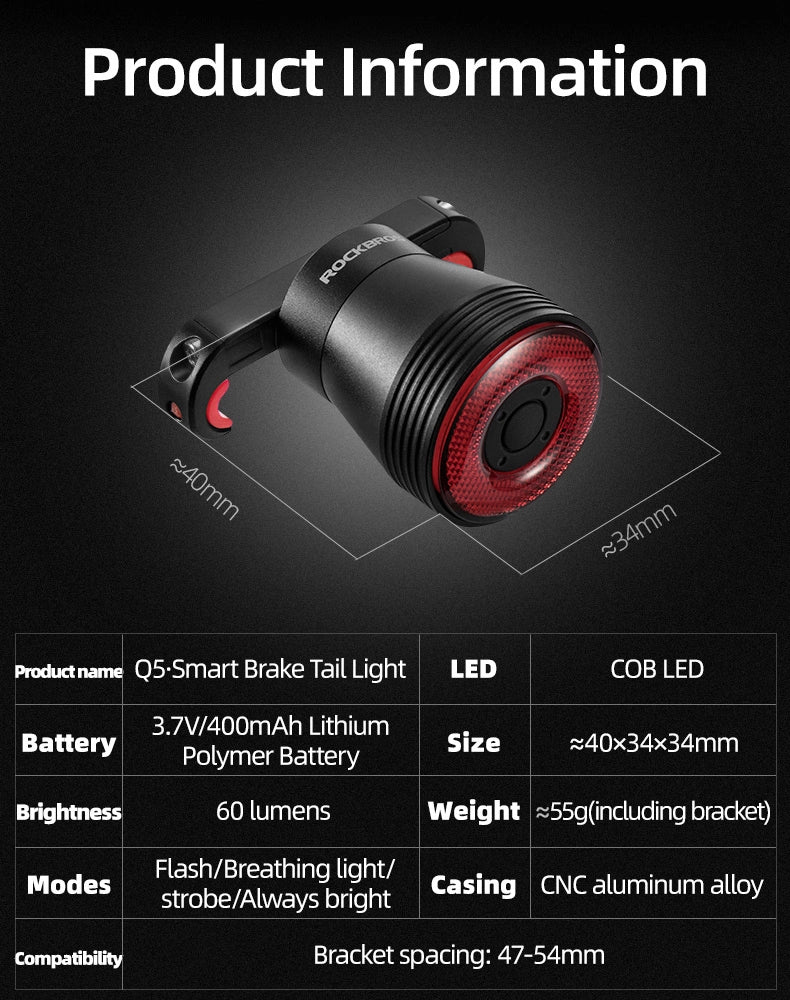 Rockbros Q5 Rear Bike Light with Intelligent Stop System - Black_8