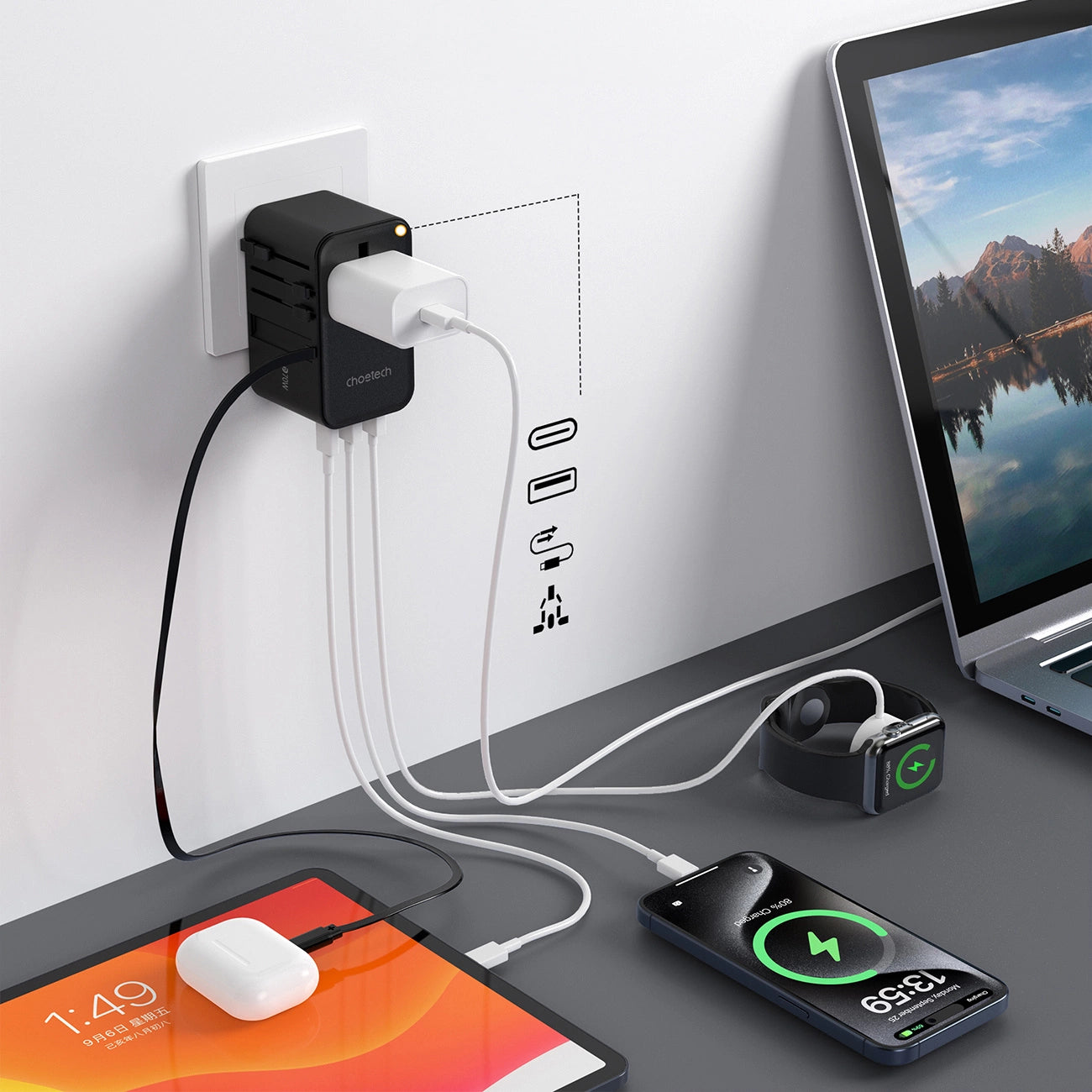 Choetech PD5021 45W EU/US/AUS/UK Travel Adapter with Built-in USB-C Cable - Black_4