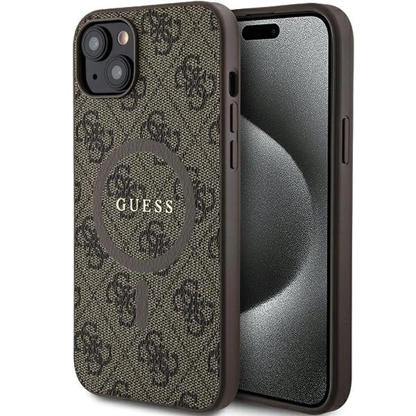 Guess 4G Collection Leather Metal Logo MagSafe Case for iPhone 14/15/13 - Brown_0