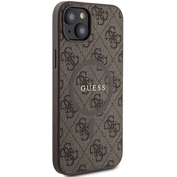Guess 4G Collection Leather Metal Logo MagSafe Case for iPhone 14/15/13 - Brown_3