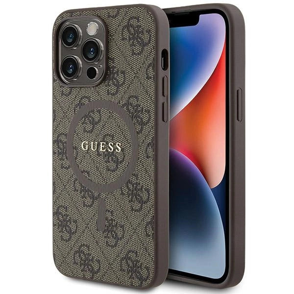 Guess 4G Collection Leather Metal Logo MagSafe Case for iPhone 14 Pro Max - Brown_0