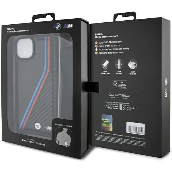 BMW M Edition Carbon Tricolor Lines & Strap case for iPhone 15 Plus / 14 Plus - black_6