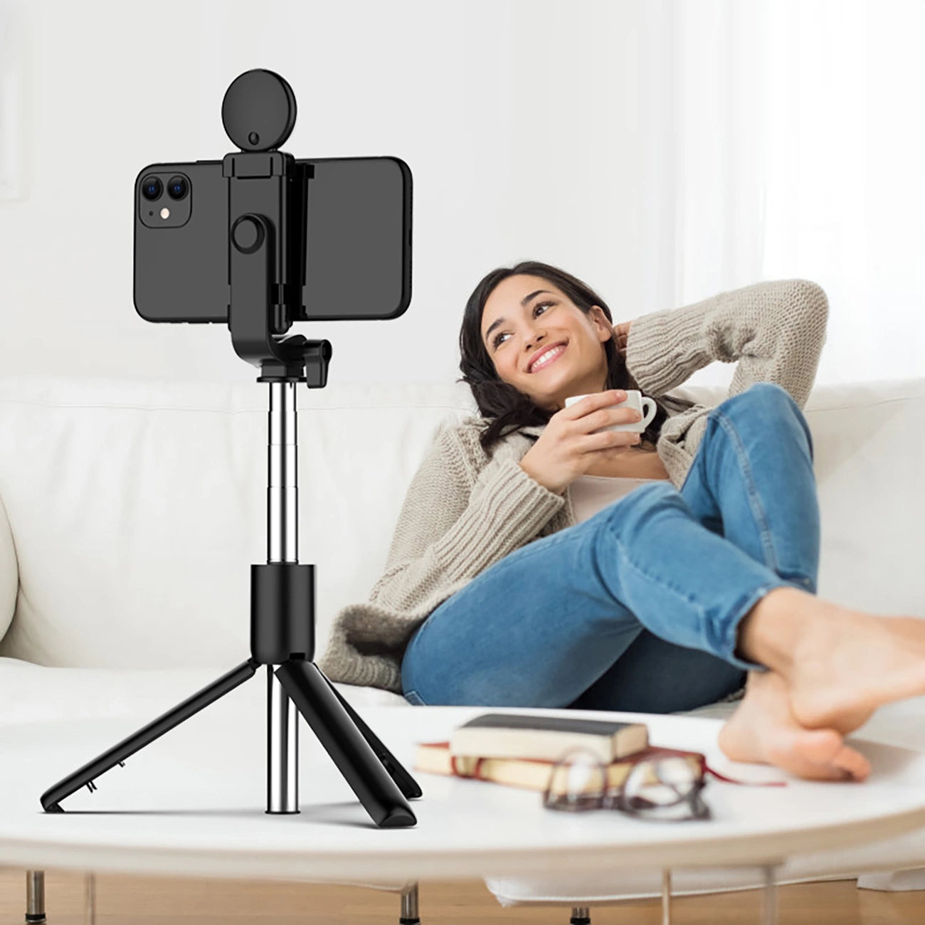 Selfie stick WR1YXS telescopic tripod 0.71m with round lamp - black_11