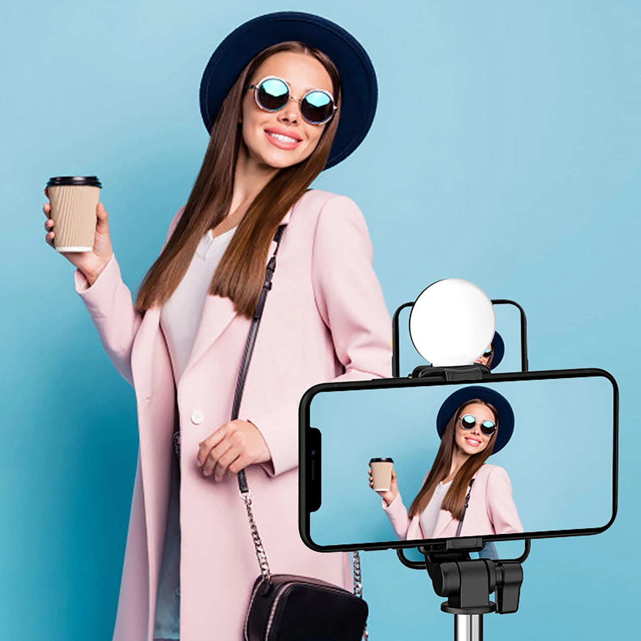 Selfie stick WR1YXS telescopic tripod 0.71m with round lamp - black_12