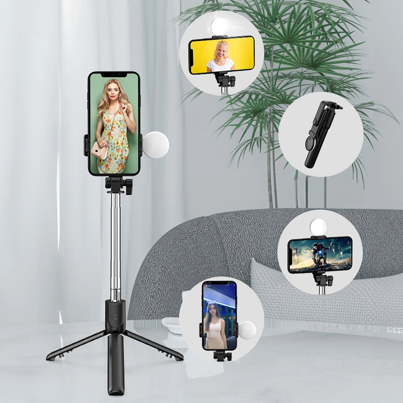 Selfie stick WR1YXS telescopic tripod 0.71m with round lamp - black_15