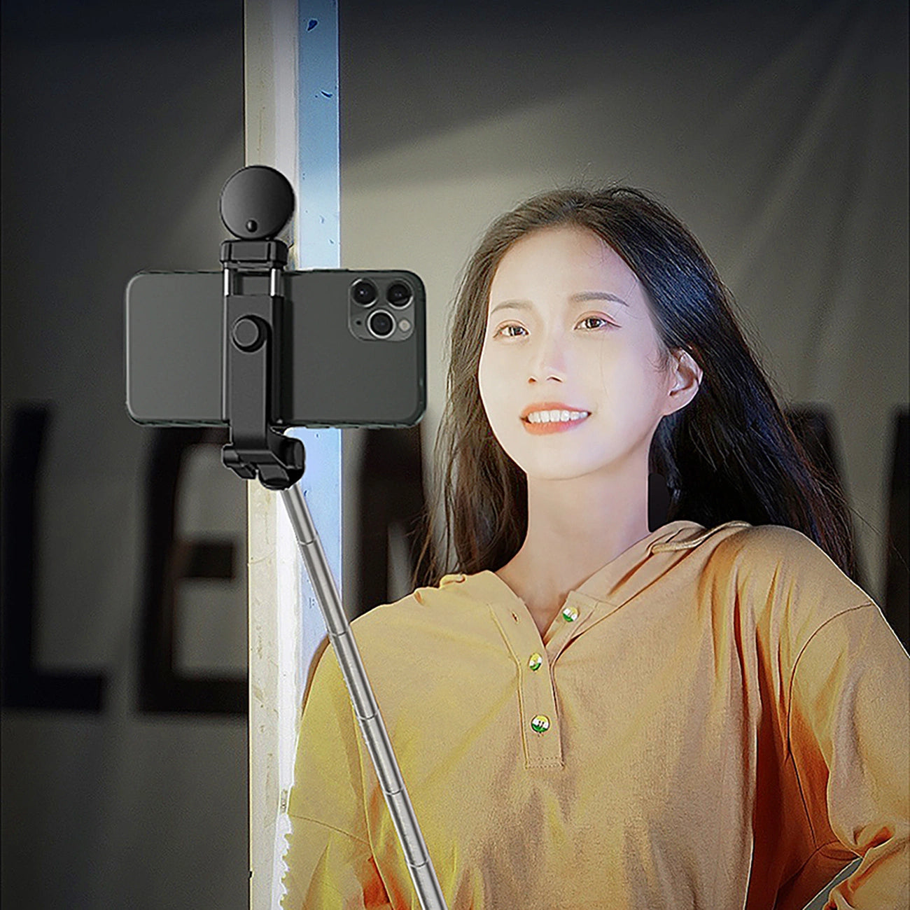 Selfie stick WH1YXS telescopic tripod 1m with round lamp and phone holder - black_10