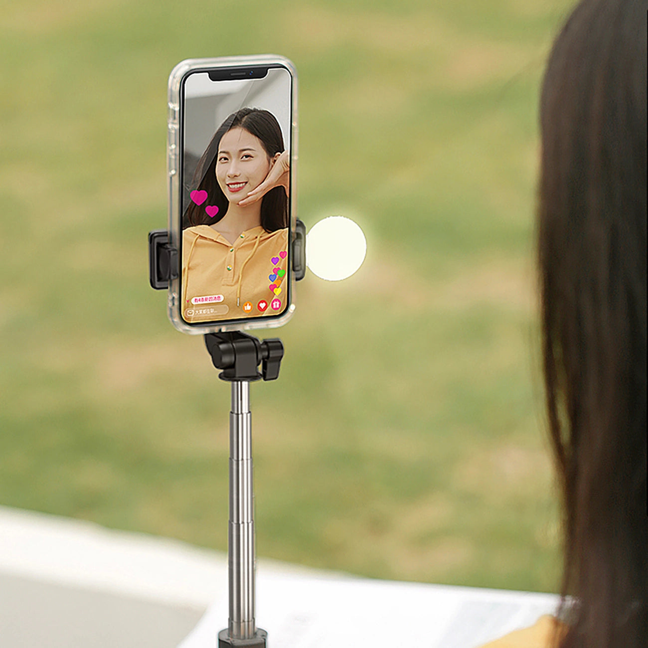 Selfie stick WH1YXS telescopic tripod 1m with round lamp and phone holder - black_13