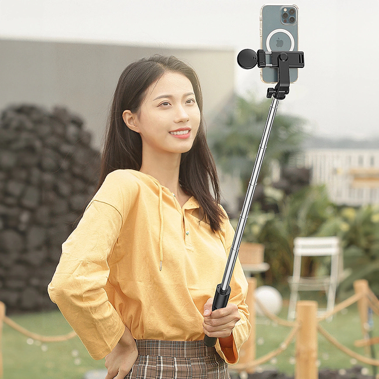 Selfie stick WH1YXS telescopic tripod 1m with round lamp and phone holder - black_8