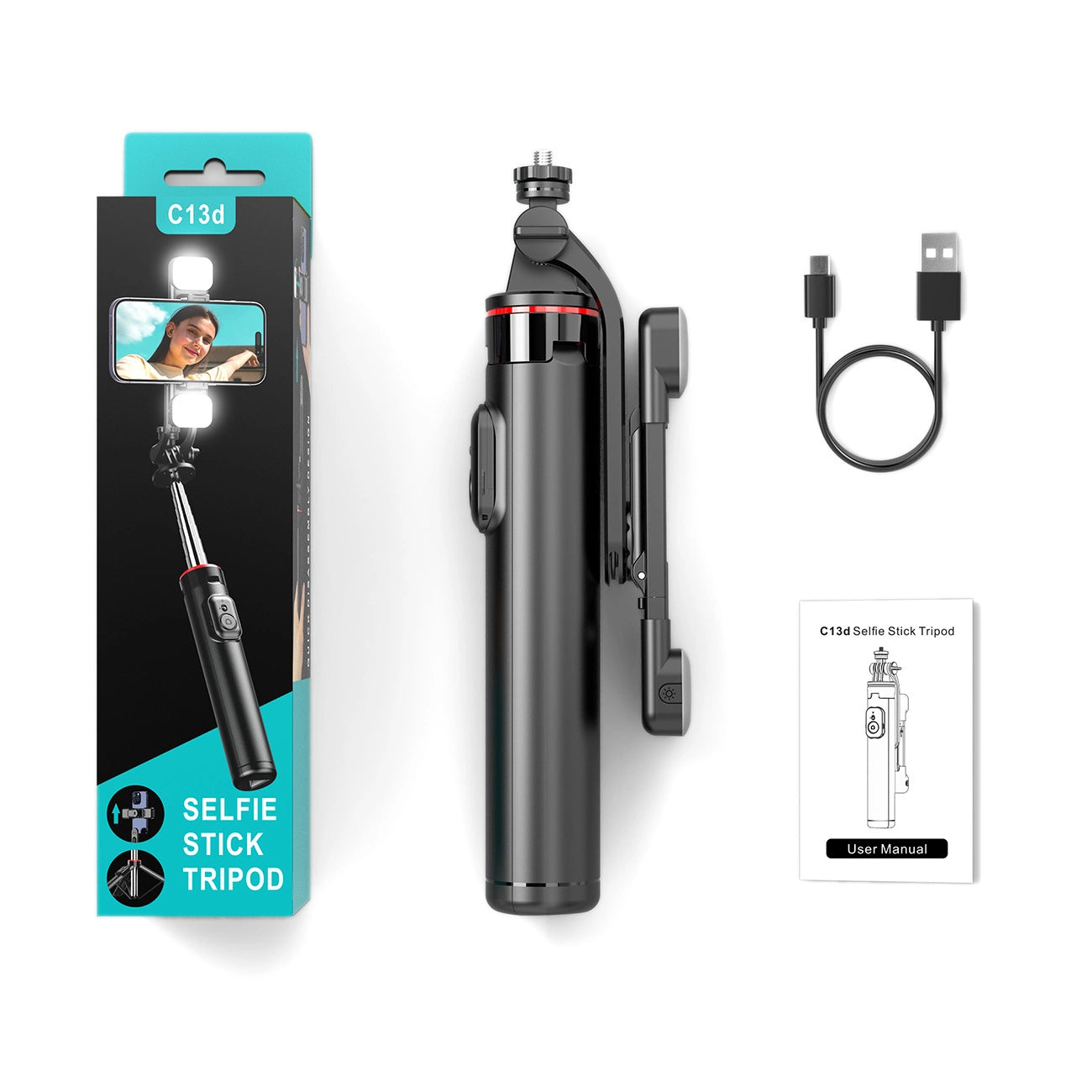 Selfie stick WC13YDS telescopic tripod 1.3m with double lamp and phone holder - black_11