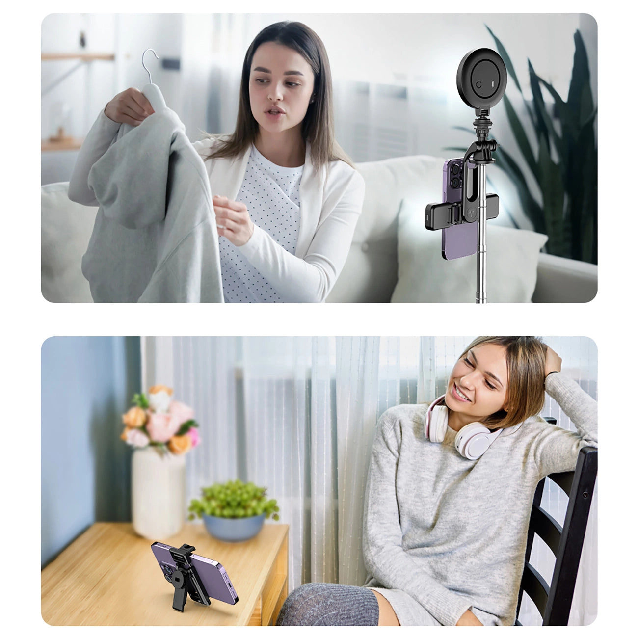Selfie stick WC13YDS telescopic tripod 1.3m with double lamp and phone holder - black_17