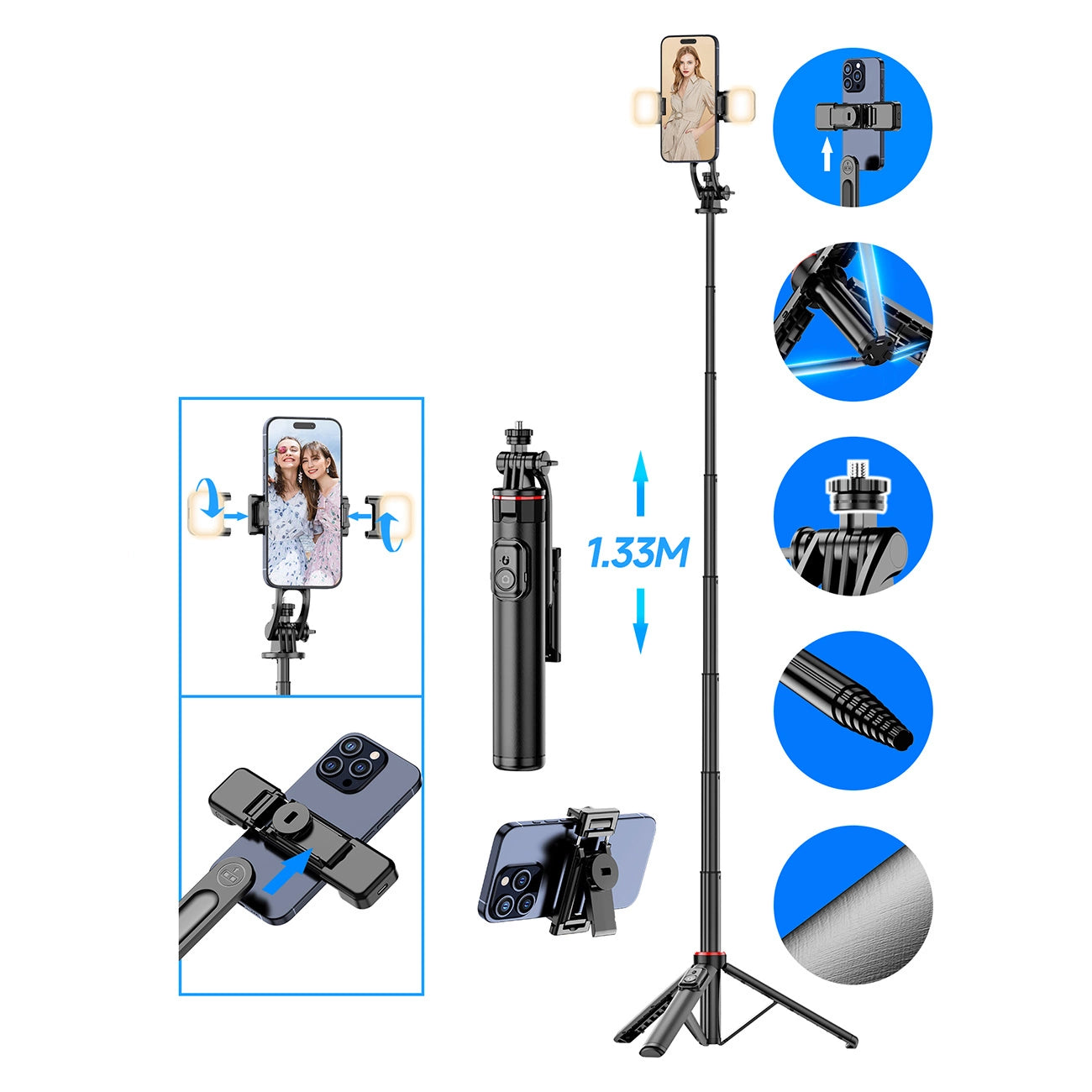 Selfie stick WC12YDS 1.3m aluminum alloy telescopic tripod with dual lamp and phone holder - black_24