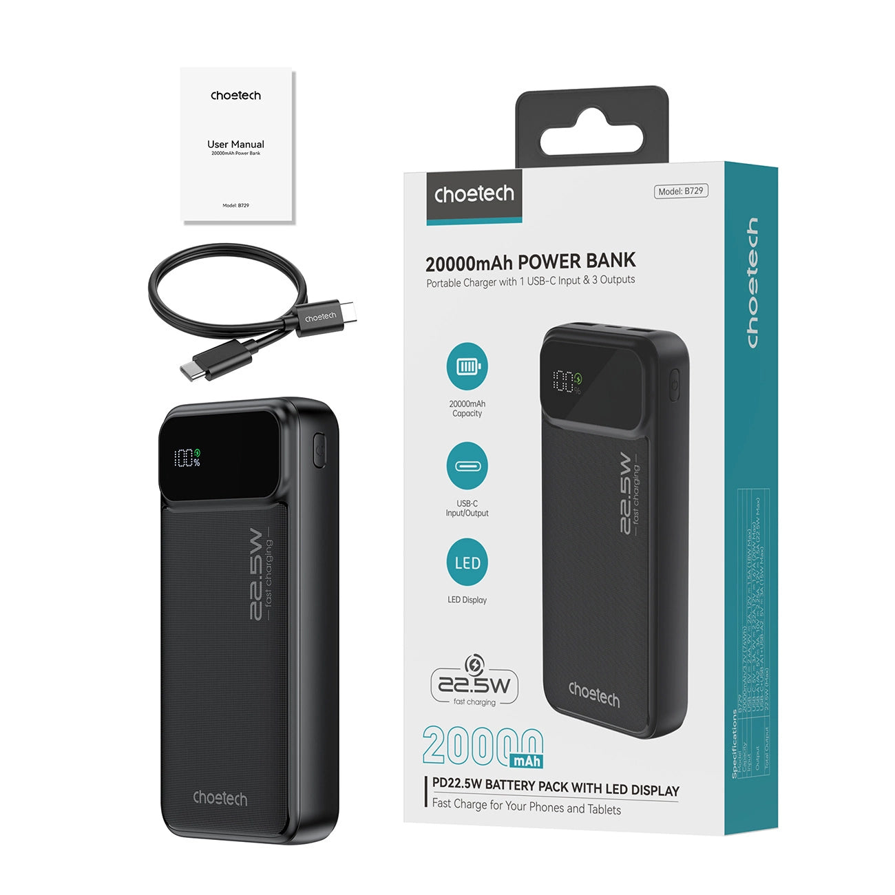 Choetech Powerbank B729 20000mAh 22.5W PD (black)_4