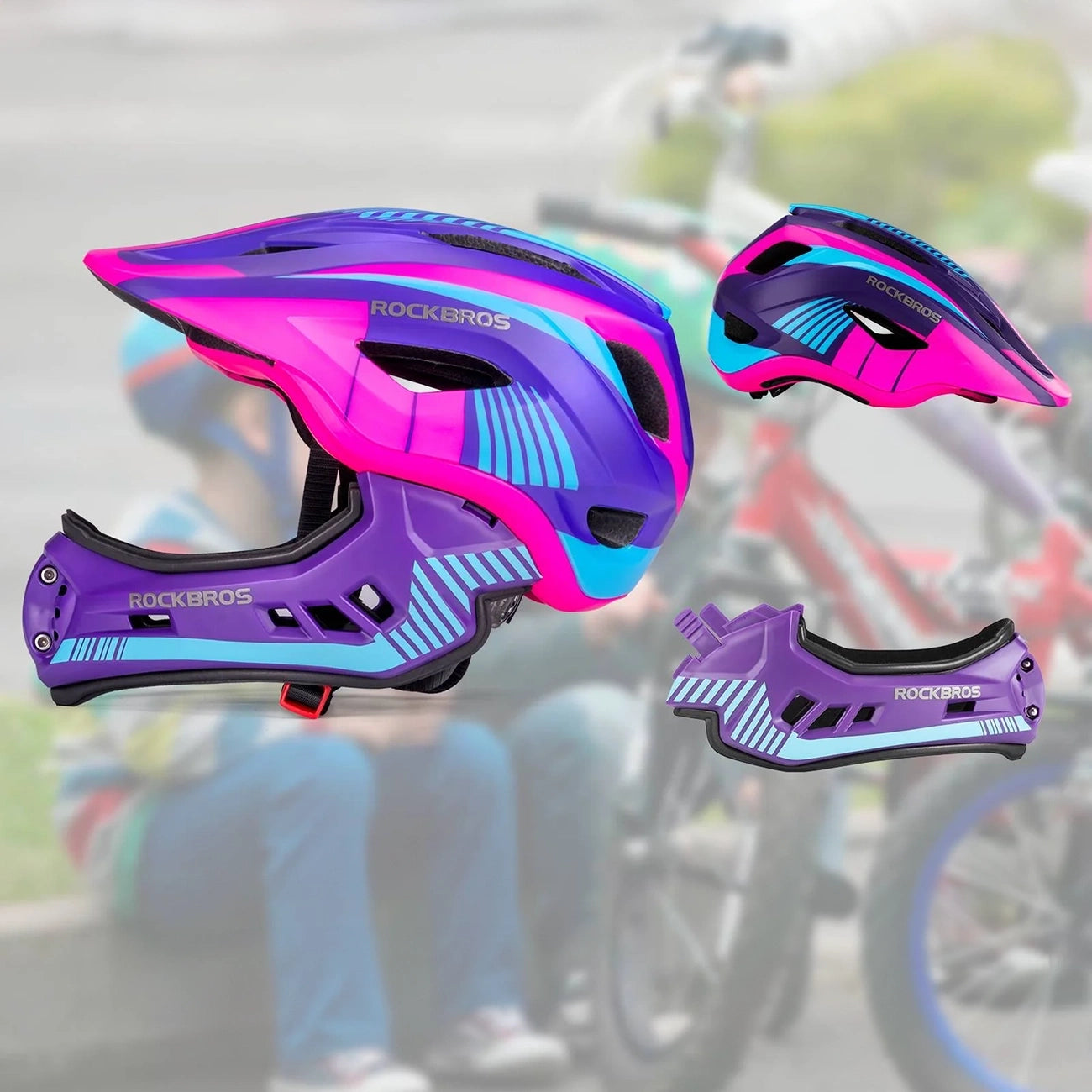 Rockbros TT-32SBPP-S children's bicycle helmet with detachable chinbar, size S - purple-pink_6