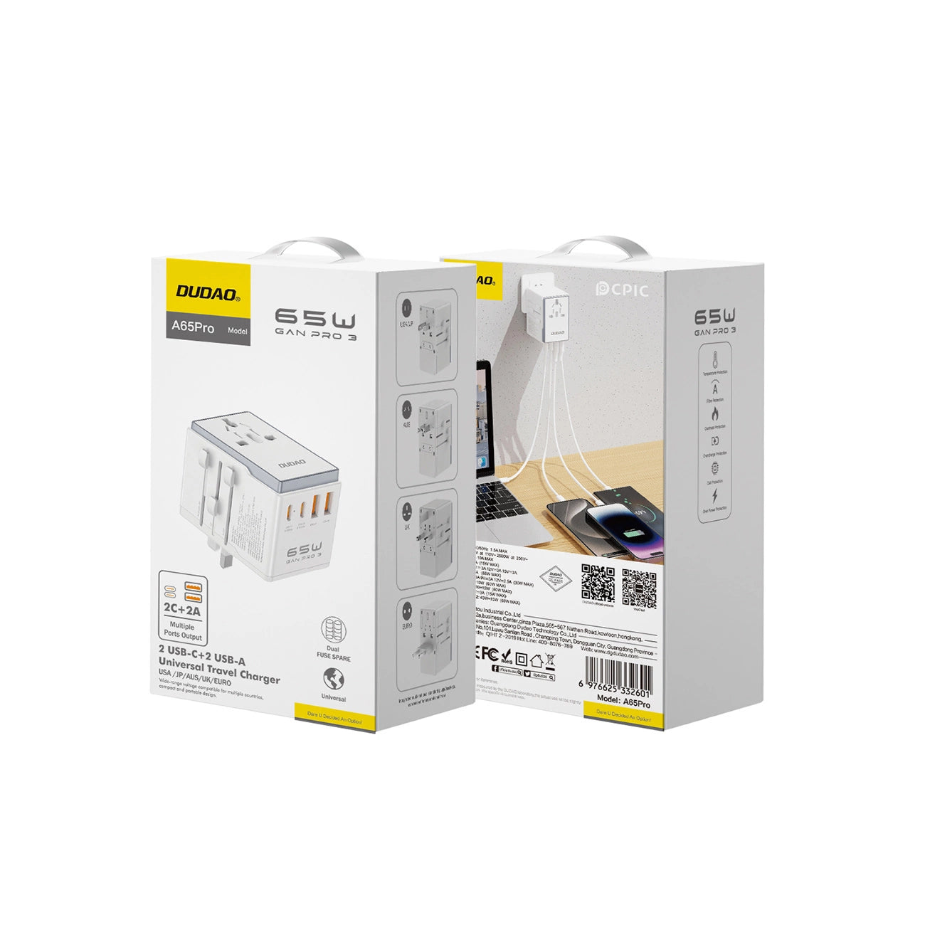 Dudao A65Pro 65W EU / US / JP / AUS / UK travel adapter 2x USB-C 2x USB-A - white_3