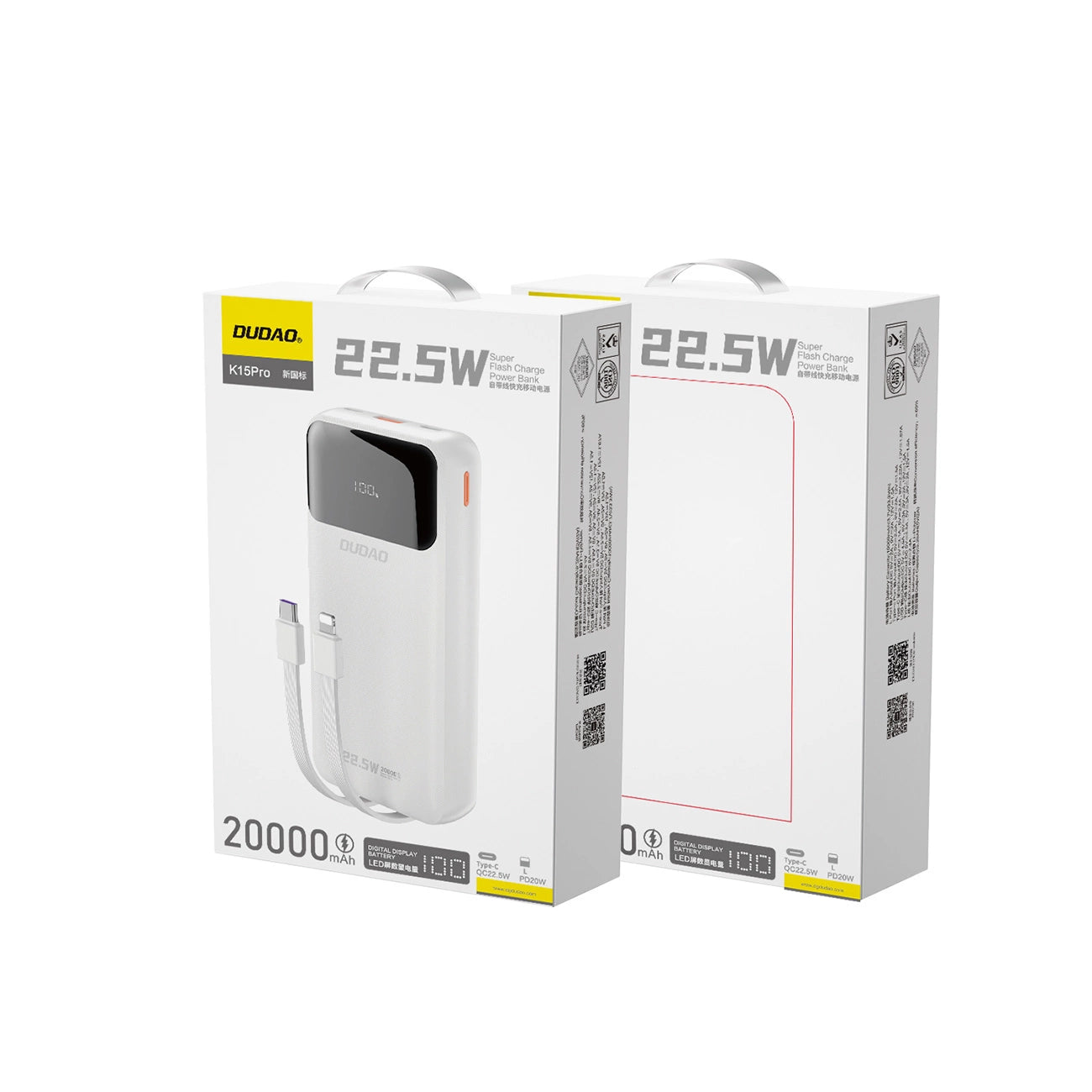 Dudao K15Pro Power Bank 20000mAh 22.5W PD USB-C / USB-A / Built-in Lightning and USB-C Cables - White_3