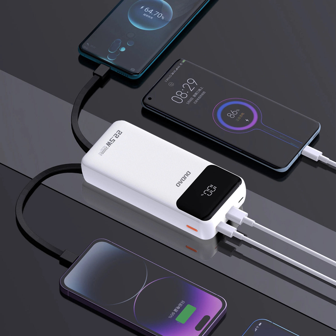 Dudao K15Pro Power Bank 20000mAh 22.5W PD USB-C / USB-A / Built-in Lightning and USB-C Cables - White_2