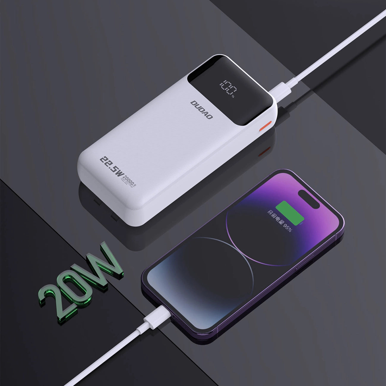 Dudao K15Pro Power Bank 20000mAh 22.5W PD USB-C / USB-A / Built-in Lightning and USB-C Cables - White_4