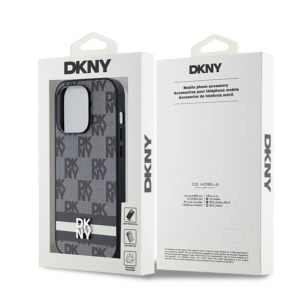 DKNY Leather Checkered Mono Pattern & Printed Stripes iPhone 14 Pro Case - Black_7