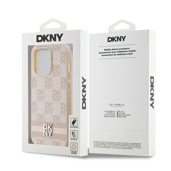 DKNY Leather Checkered Mono Pattern & Printed Stripes case for iPhone 14 Pro - pink_7