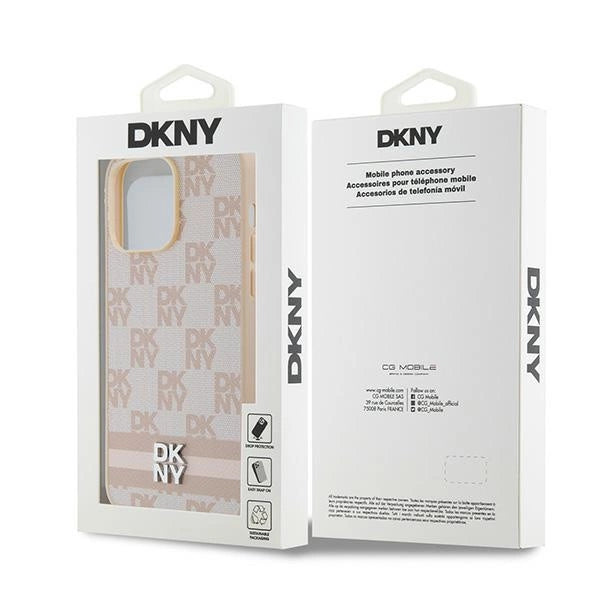 DKNY Leather Checkered Mono Pattern & Printed Stripes case for iPhone 14 Pro Max - pink_7
