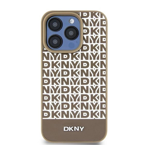 DKNY Leather Printed Pattern Metal Logo MagSafe Case for iPhone 15/14/13 - Brown_0