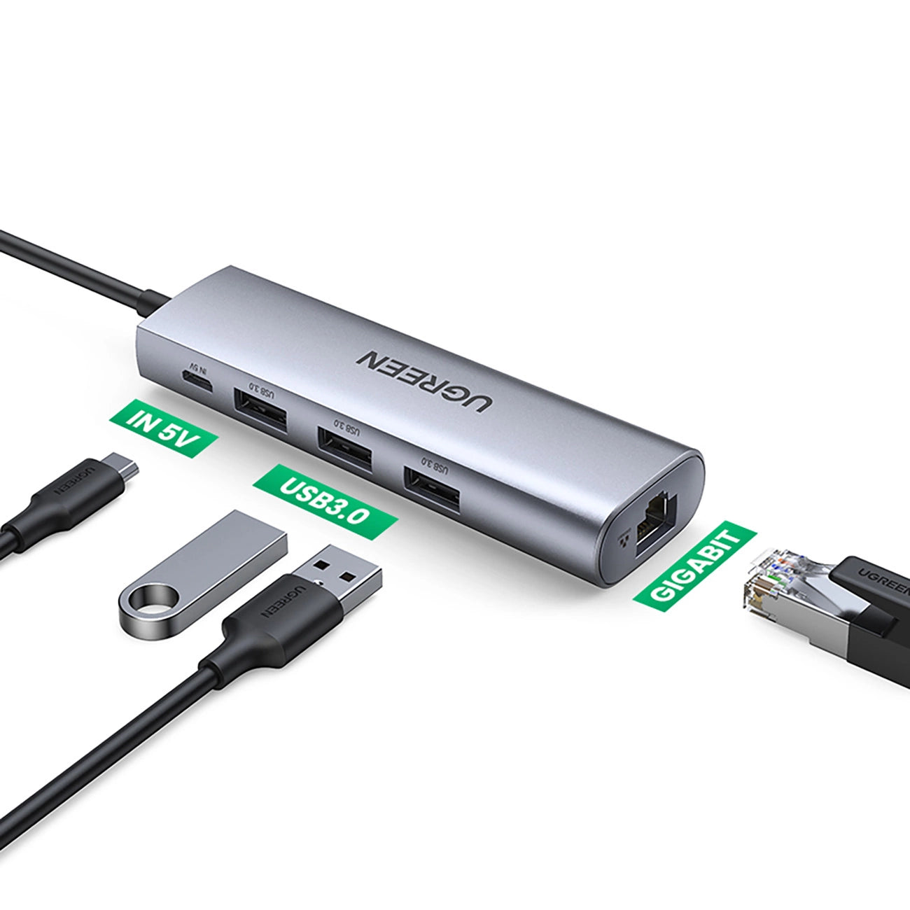 Ugreen CM266 60812 5in1 USB-A 3.0 - RJ45 / 3x USB-A 3.0 / micro USB adapter - gray_1