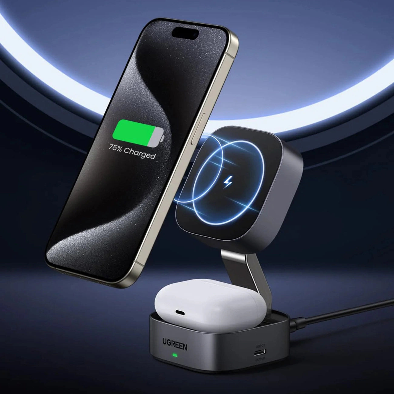 Ugreen W526 3in1 MagSafe / Qi inductive charger for phone / headphones with USB-C port - black_6