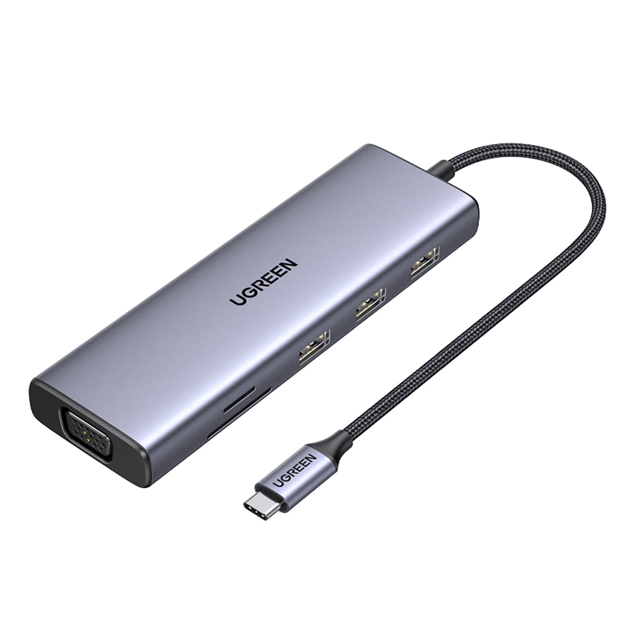 Ugreen CM498 15600 USB-C Adapter - 3x USB-A 3.0 / HDMI / VGA / RJ45 / SD / TF Card Reader / USB-C PD - Gray_0