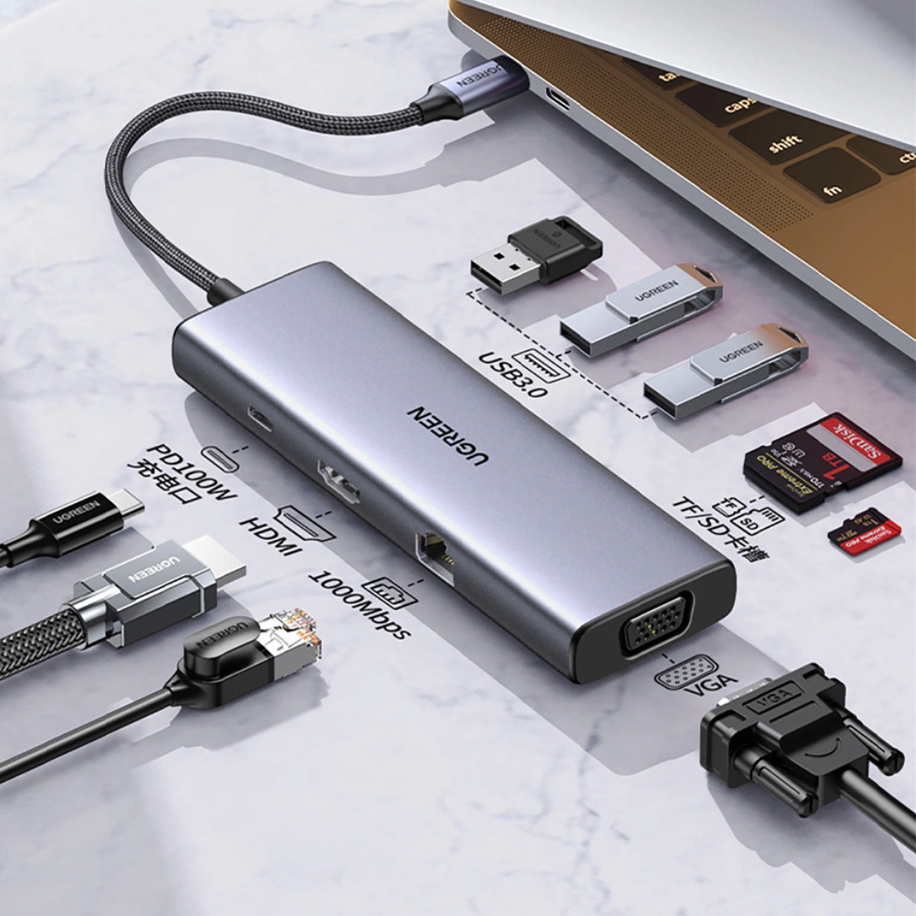 Ugreen CM498 15600 USB-C Adapter - 3x USB-A 3.0 / HDMI / VGA / RJ45 / SD / TF Card Reader / USB-C PD - Gray_2