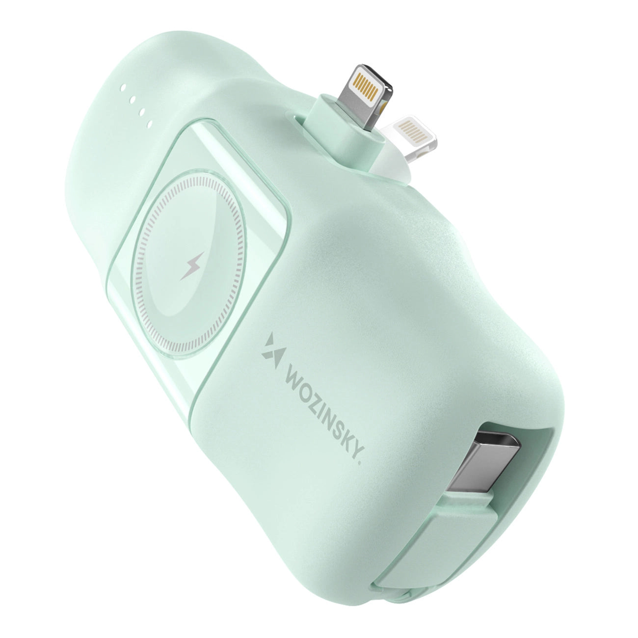 Wozinsky WF16-YLS 5000mAh 15W Lightning Mini Power Bank with Built-in USB-C Cable and Apple Watch Charger - Green_0