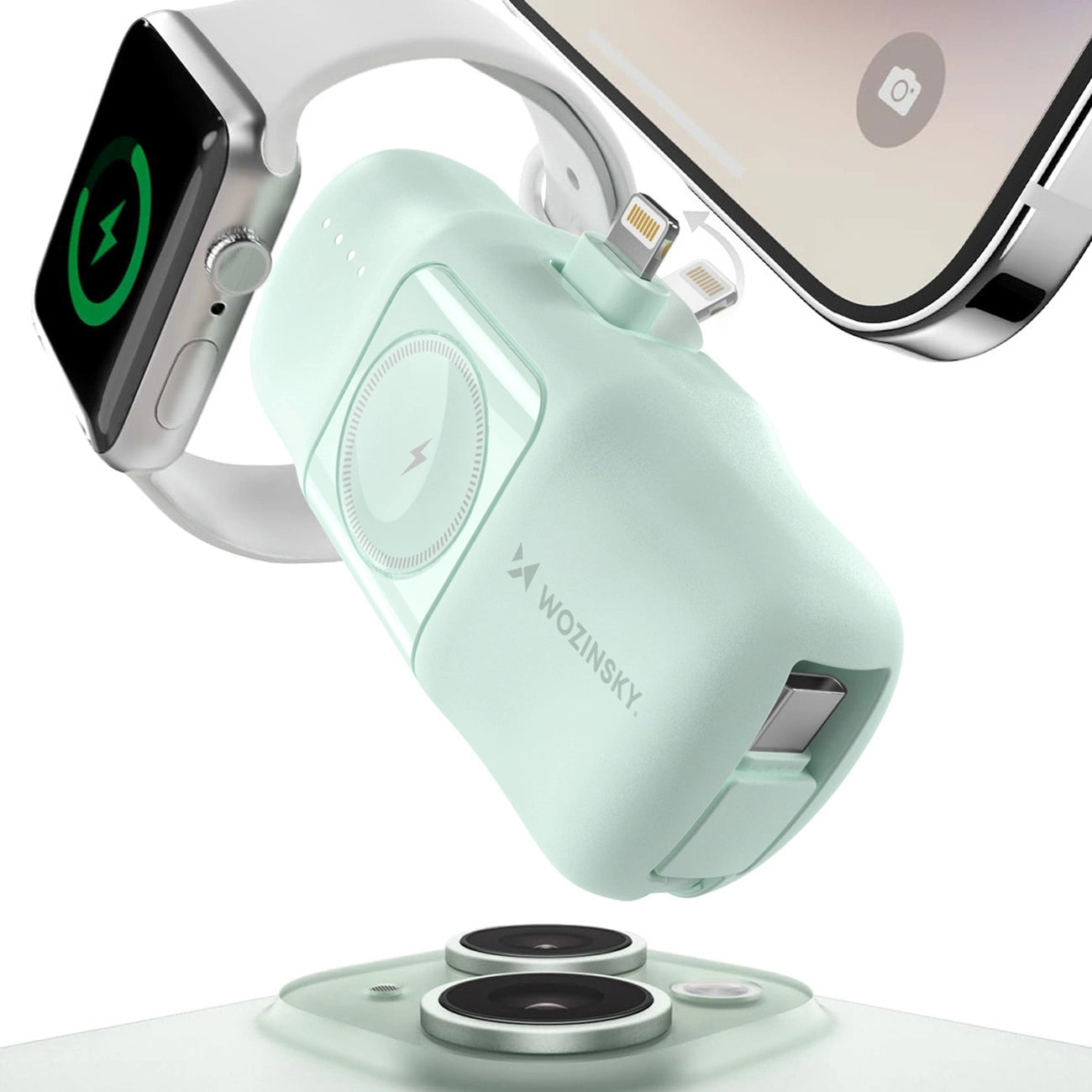 Wozinsky WF16-YLS 5000mAh 15W Lightning Mini Power Bank with Built-in USB-C Cable and Apple Watch Charger - Green_2