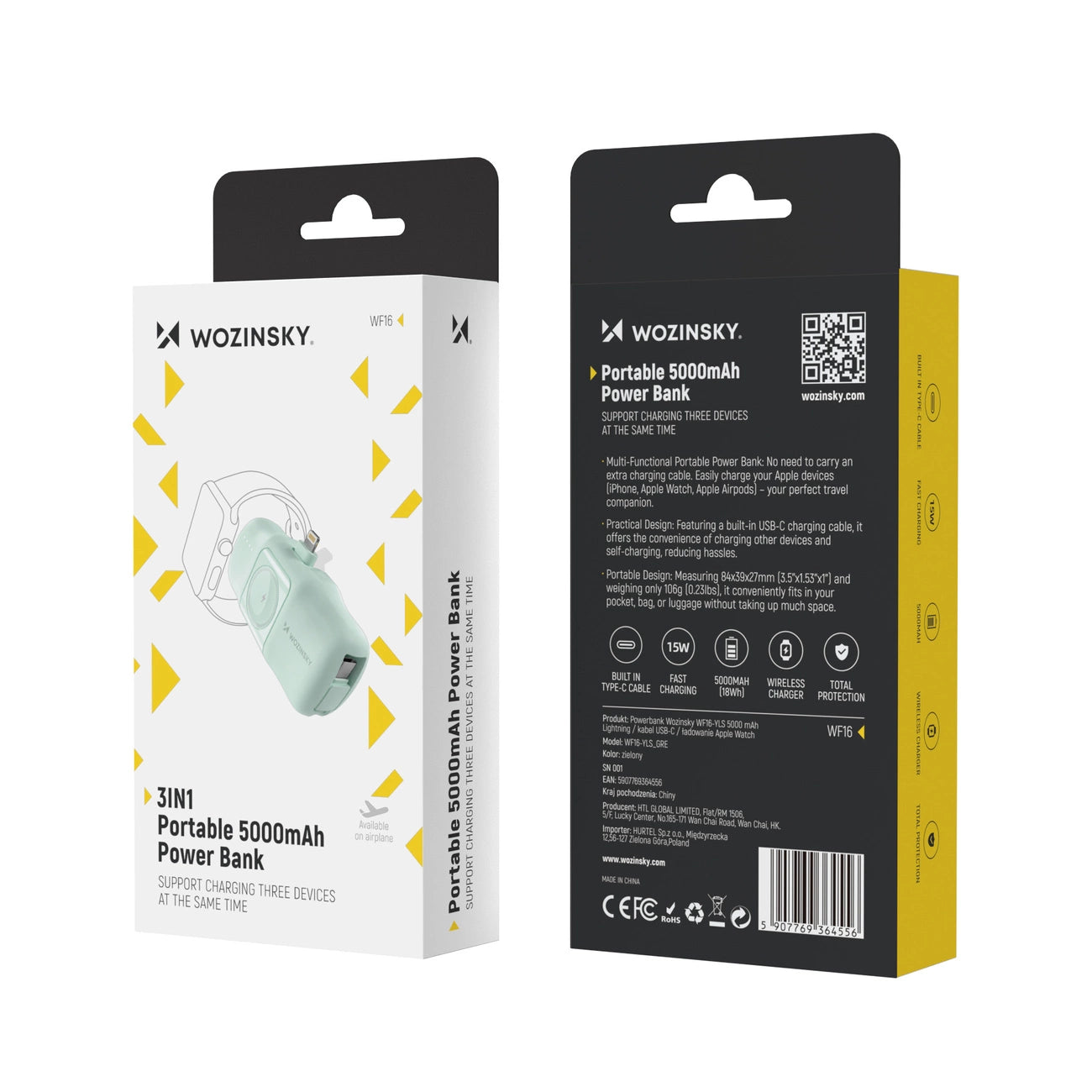 Wozinsky WF16-YLS 5000mAh 15W Lightning Mini Power Bank with Built-in USB-C Cable and Apple Watch Charger - Green_4