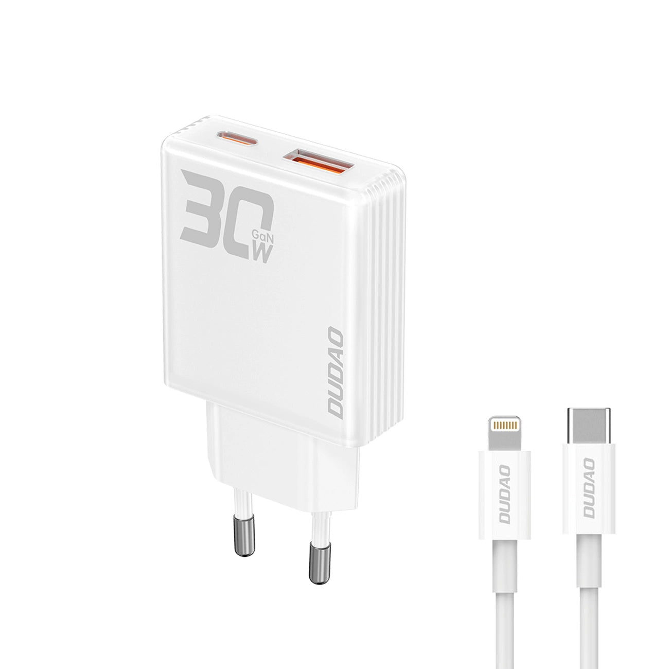 GaN Dudao A30EUL 30W USB-A / USB-C Wall Charger + USB-C - Lightning Cable - White_0
