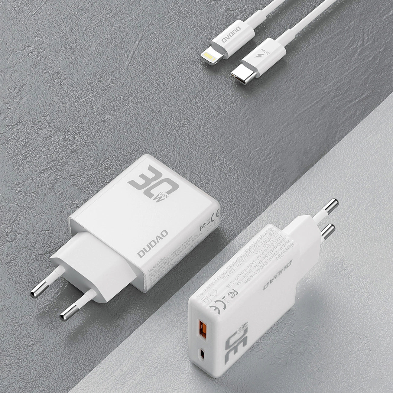 GaN Dudao A30EUL 30W USB-A / USB-C Wall Charger + USB-C - Lightning Cable - White_2