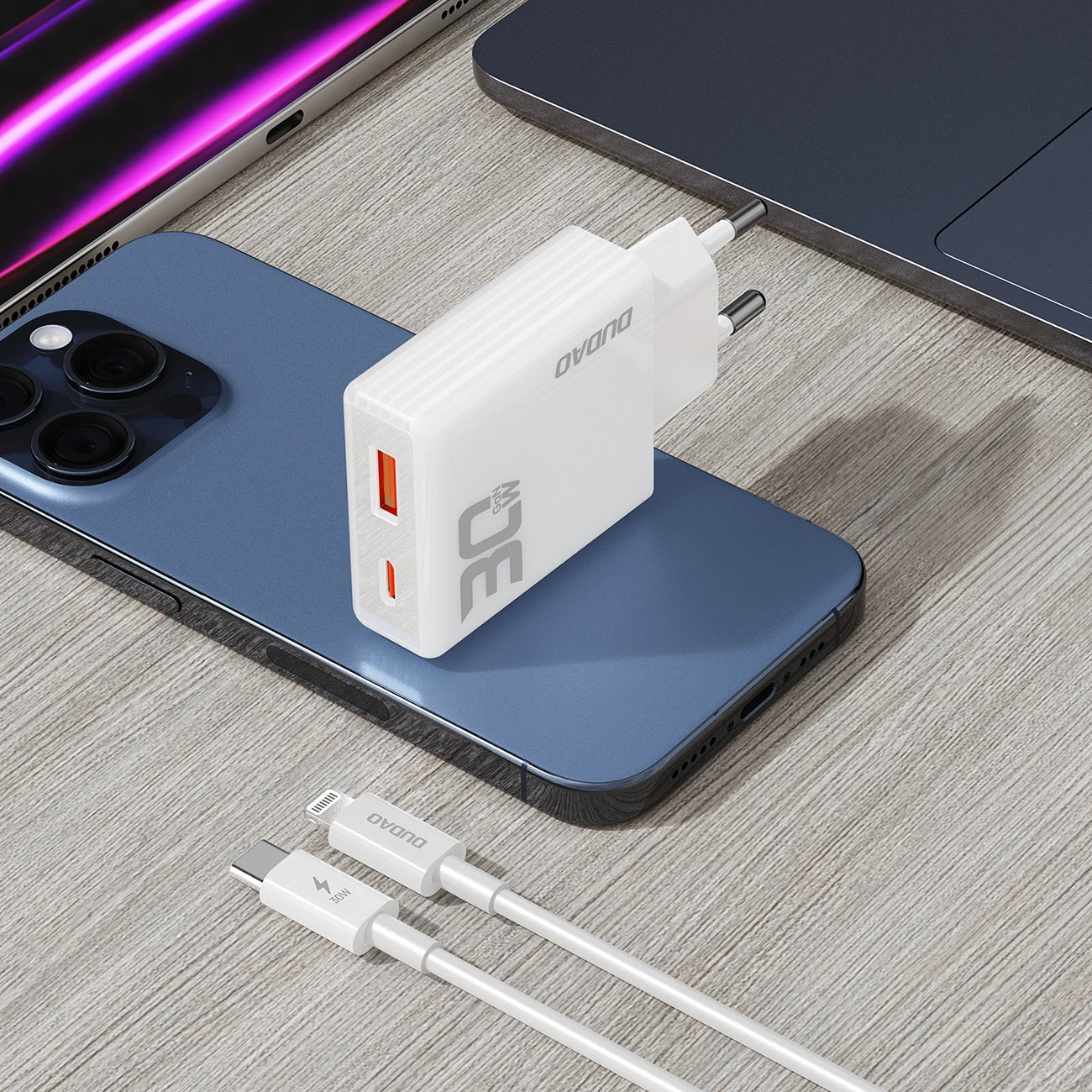 GaN Dudao A30EUL 30W USB-A / USB-C Wall Charger + USB-C - Lightning Cable - White_7