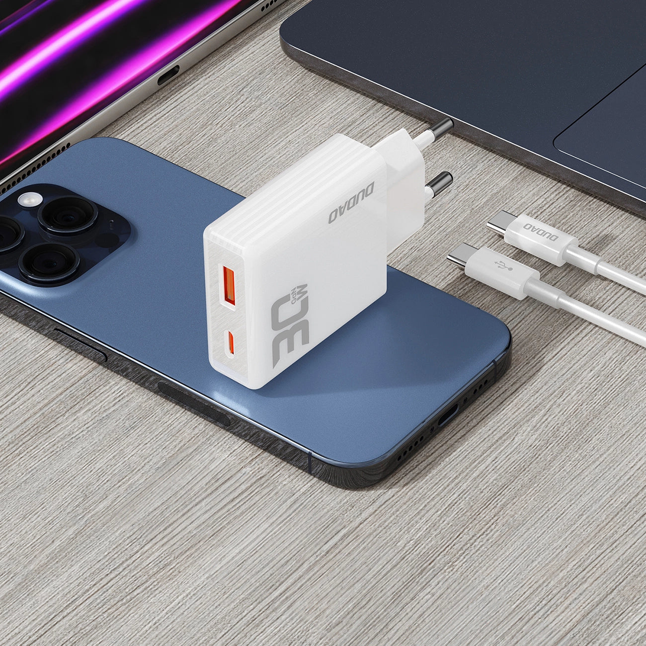 GaN Dudao A30EUT 30W USB-A / USB-C Wall Charger + USB-C - USB-C Cable - White_7
