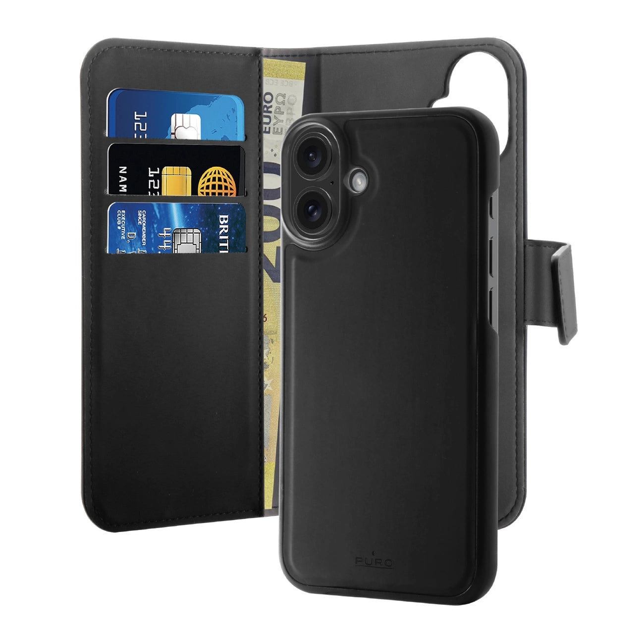 Puro Wallet Detachable MagSafe 2in1 PU Leather Case with Flap and Wallet for iPhone 16 - Black_0