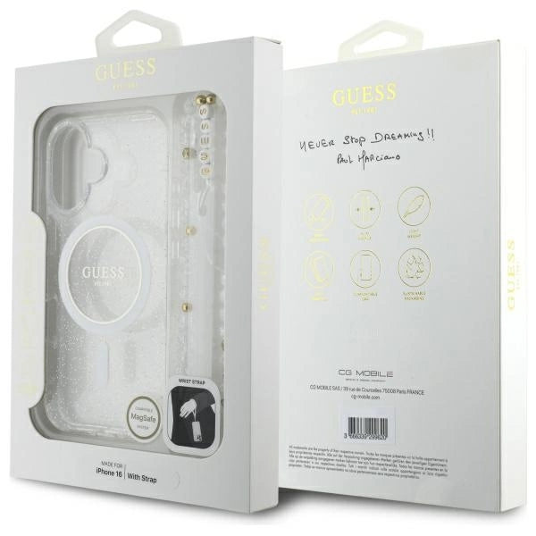 Guess IML Glitter With Pearl Strap MagSafe iPhone 16 Plus Case - Clear_7