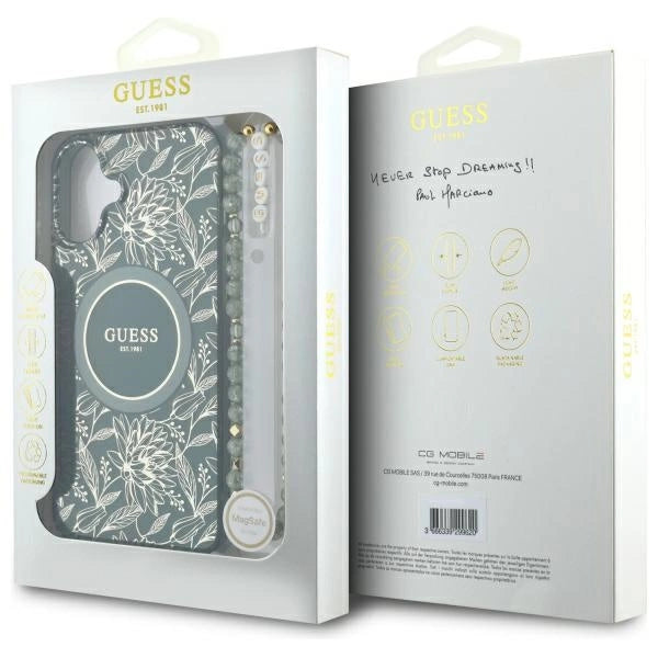 Etui Guess IML Flowers Allover Electro With Pearl Strap MagSafe na iPhone 16 - zielone_6