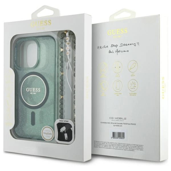 Guess IML Glitter With Pearl Strap MagSafe case for iPhone 16 Pro Max - green_6